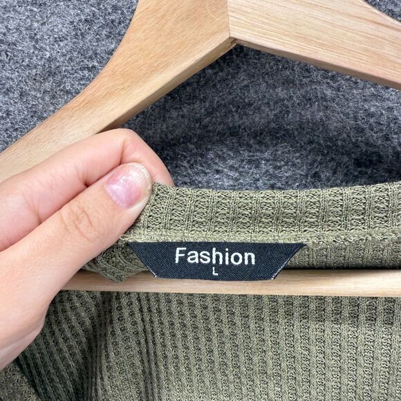 Fashion Sweater Pullover Women L Large Gray V-Neck Knit Waffle Ruffle Casual - Picture 3 of 7